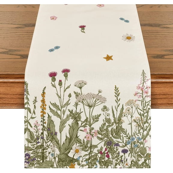 Antique Herbs and Wild Flowers Summer Table Runner, Spring Fall Kitchen Dining Table Decoration for Home Party 13x72 Inch