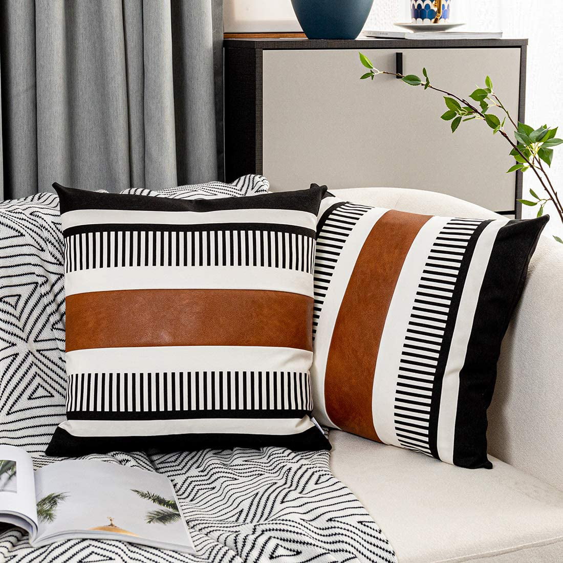 2 Black & Cream Stripe Faux Leather Cushions 16" 18" 20" & Inner Filler Pads