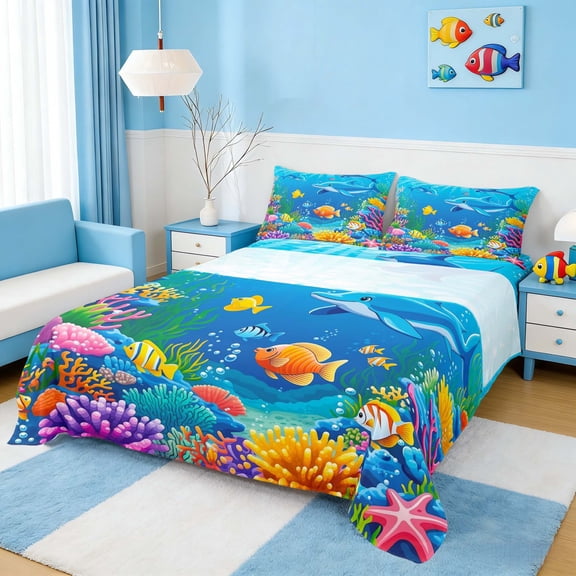 Manfei Cartoon Dolphin Queen Sheet Sets for Kids Boys and Girls, Tropical Fish Coral Bed Set 4-Piece, 1 Flat Sheet, 1 Fitted Sheet and 2 Pillowcases