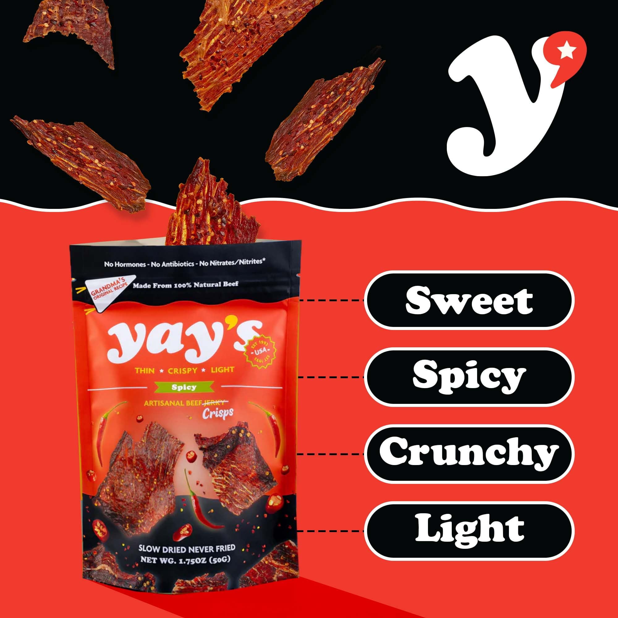 Yay's Snacks Sweet and Spicy Beef Crisps | High-Protein Ready-to-Eat Crispy Crunchy Chipped beef | Spicy Beef Jerky with 24g Protein per Bag, Non-GMO Healthy Meat Snack, Made in USA pack of 6(1.75 oz