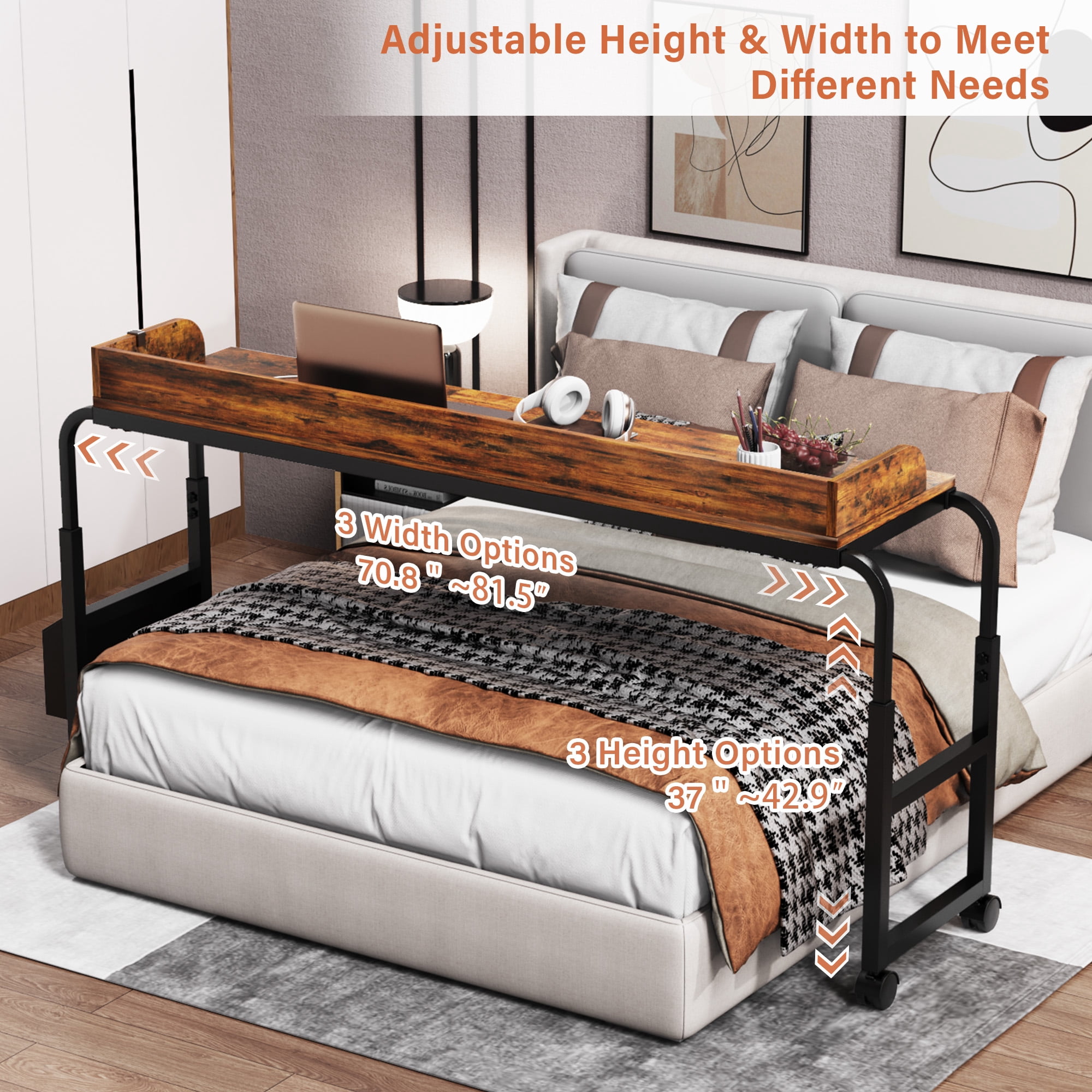 Frmobepts Overbed Table with Wheels, Queen Size Mobile Bed Desk with Adjustable Height and Led Light, Rolling Table, Laptop Table, Recliner Desk, for Bedroom, Living Room, Office,Brown