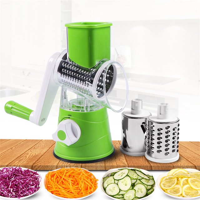 YOPTOP Râpe à Fromage Rotative Déchiqueteuse Mandoline Ronde avec Poignée et 3 Lames Tambour Trancheuse Manuelle pour Légumes Broyeur de Noix avec Brosse de Nettoyage et Éplucheur, Vert