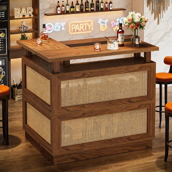 Fnova L Shaped Wine Bar Cabinet with 4-Tier Storage Shelf, Rattan Liquor Cabinet Reception Desk with 2 Stemware Racks and Heightened Base, Brown