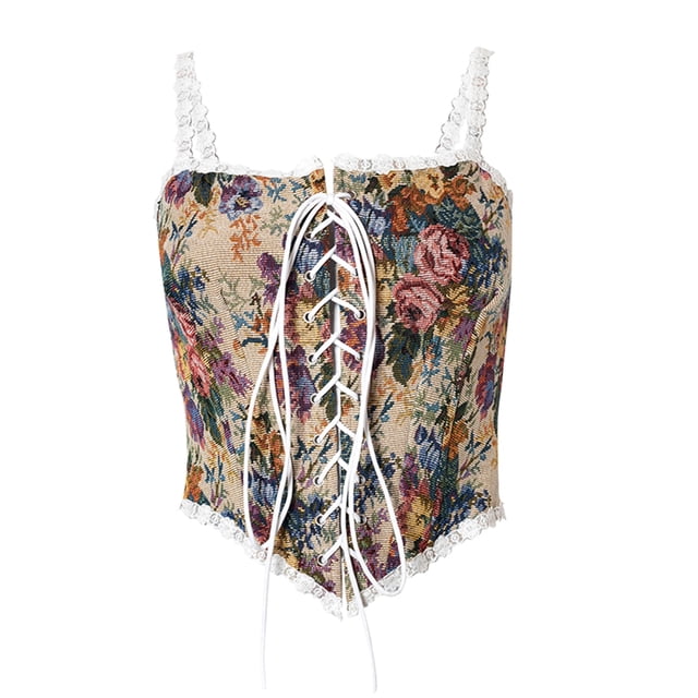 Kmbangi Corset Vintage Jacquard Bandage Col Bateau à Volants pour Femmes