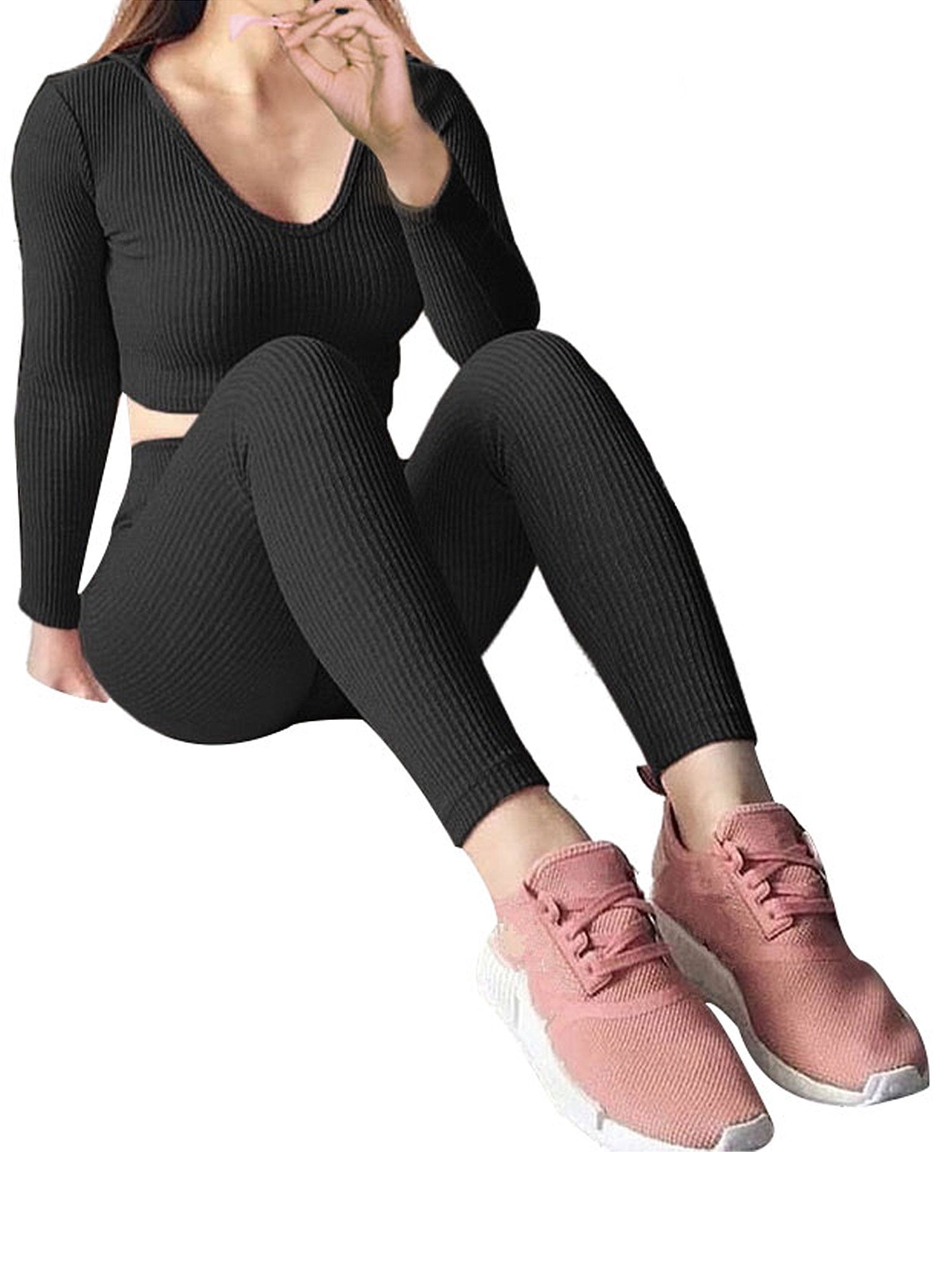 2Pcs Women Solid Tracksuit Rib-Knit Pullover Sweater Top Long Pants Sport Lounge Wear Suit Set 