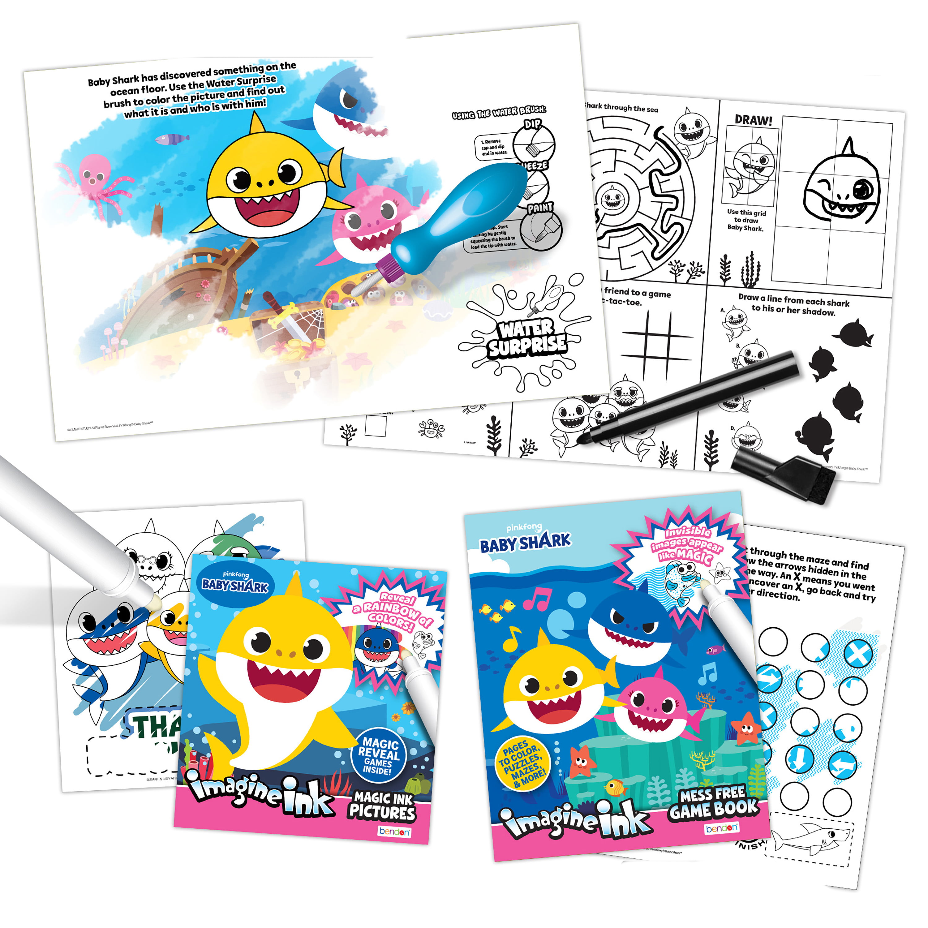 Bendon Baby Shark 20-Page Imagine Ink Imagine Color Pad with 6 Mess Free Markers 47226 