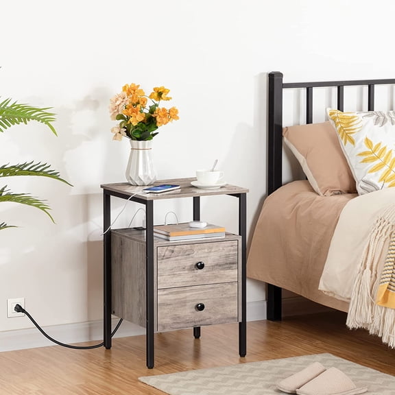 HOOBRO Nightstand with USB Ports & 2 Drawers & Power Outlets Bedroom Gray