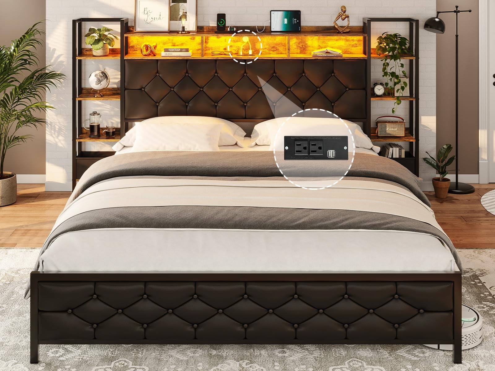 Queen Bed Frame with Storage Headboard and LED Lights Metal Upholstered  Platform Bed Frame with Charging Station and Shelf