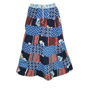 Mogul Women's Peasant Skirts Blue Patchwork Vintage Rayon Maxi Skirts