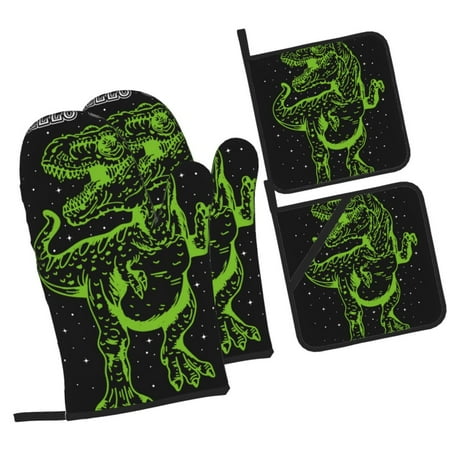 

Daiia DINOSAUR IN SPACE Pattern Oven Mitts and Pot Holders 4 pcs Set High Heat Resistant 500 Degree Extra Thicken Long Kitchen Cotton Oven Glove