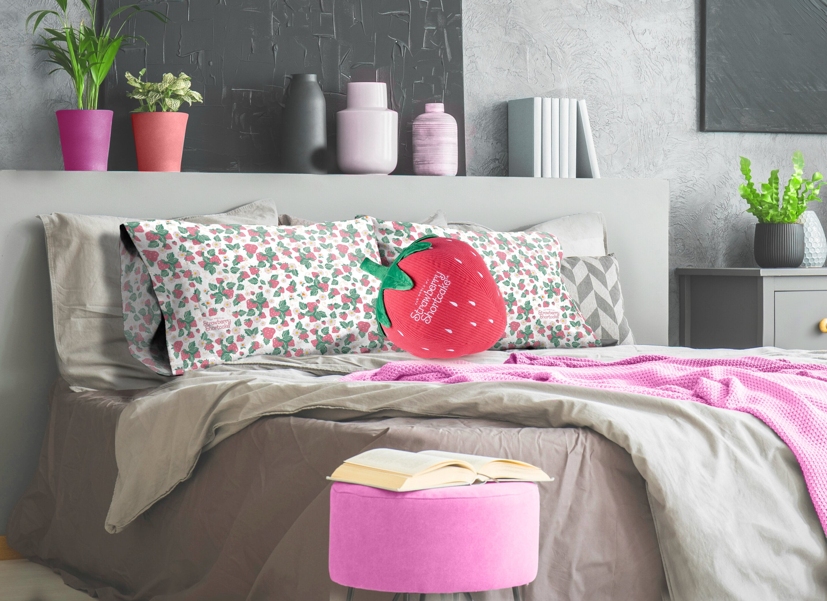 Strawberry Shortcake 14" Strawberry Shaped Pillow Buddy, Polyester Corduroy, Pink, Wildbrain