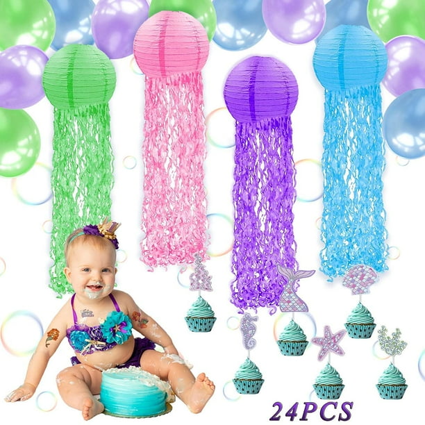 Decoraciones de fiesta de sirena, decoraciones de cumpleaños, pequeñas linternas de papel de medusas para decoraciones de fiesta bajo el mar, suministros de fiesta de cumpleaños de sirena para niñas Adepaton WMZL-1966