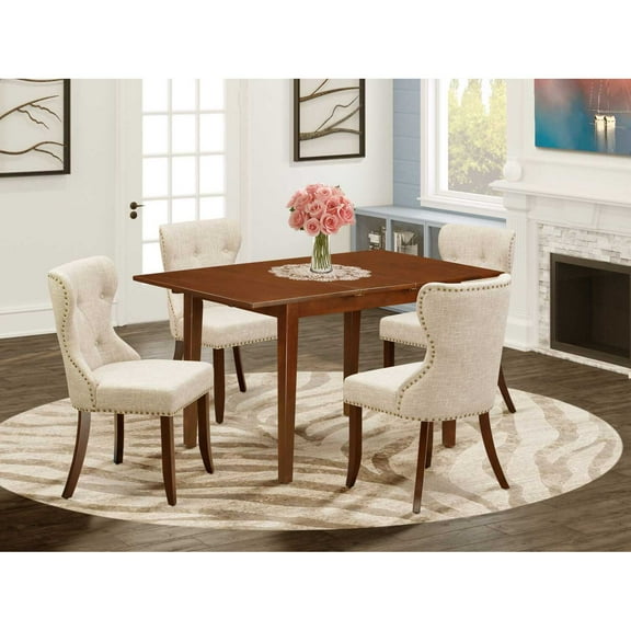 East West Furniture East-West Furniture PSSI5-MAH-35 - A kitchen table set of 4 amazing dining room chairs using Linen Fabric Doeskin color and a fantastic 12" butterfly leaf rectangle wooden...
