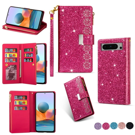 SaniMore Shining Star Laser Designed for Google Pixel 8 Case, Zipper Wallet Case for Girls Women, PU Leather Flip Kickstand Card Slot Wrist Strap Cover for Google Pixel 8, Rose