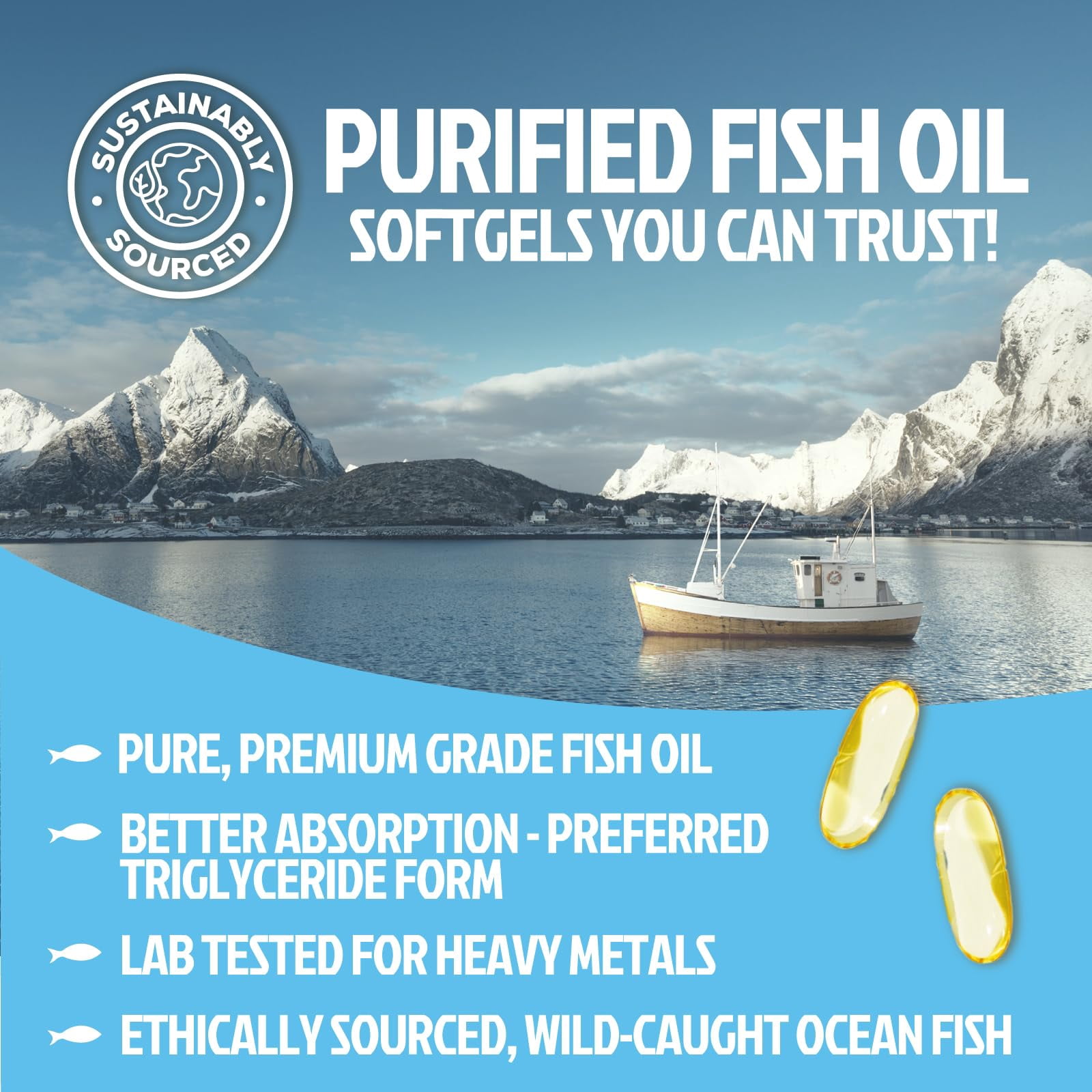 Omega 3 Fish Oil Supplements - 2400mg Fish Oil Per Serving - Triple Strength Omega-3 with EPA & DHA Fatty Acids - Natural Heart, Brain & Immune Support - Wild Caught, Bottled in USA - 180 Softgels