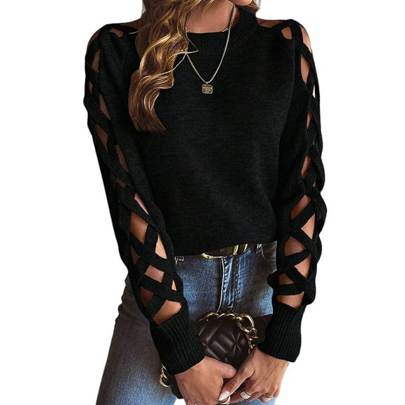 Women'S Y2K Fashion Solid Color Hollow Raglan Sleeve Crew Neck Sweater Black S