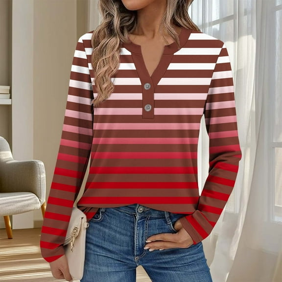 Shirts for Women Long Sleeve V Neck Womens Shirts Fashion Button Down T Shirts for Women Casual Loose Striped Gradient Tops for Women Trendy S-3XL