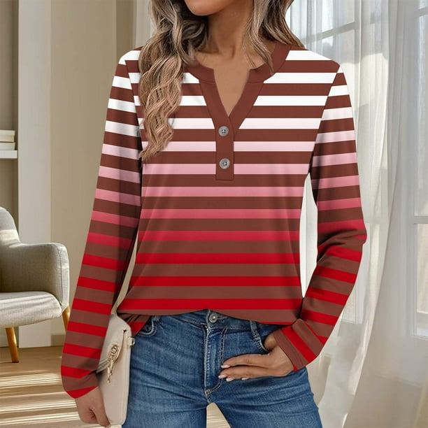 Ailaofu Womens Long Sleeve Tops Fall Button V Neck Graphic Shirts Dressy Casual Henley Tops Women Blouses