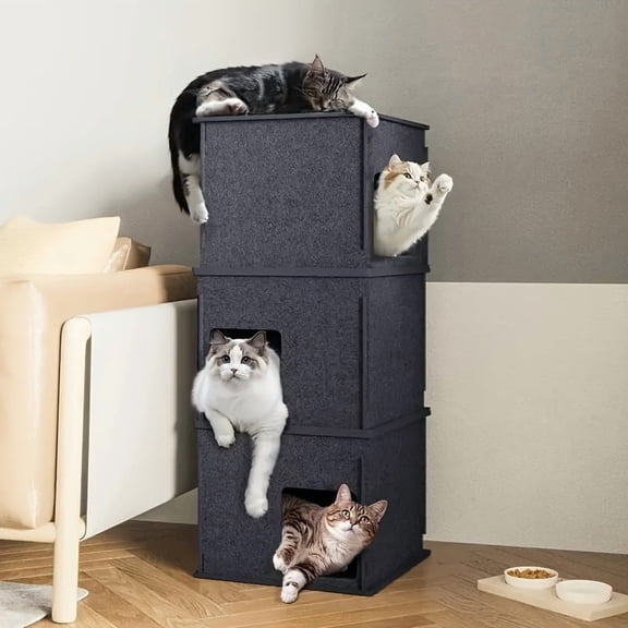 3-layer Felt Cat House with Interactive Peephole, Detachable Litter Box, And Scratch Pad - Stackable Multi-layer Cat Climbing Frame
