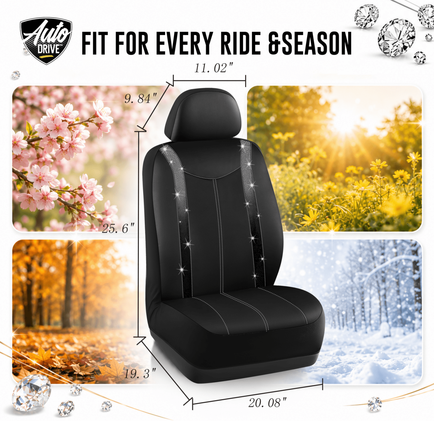 Auto Drive Diamond Leather Car Seat Cover,Luxury Bling Crystal Design,Universal Fit for Cars,SUVs Sliver Black
