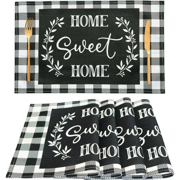 Buffalo Plaid Placemats Set of 4, Cloth Farmhouse Placemats Black White Linen Table Placemats Washable Heat Resistant Waterproof Placemats for Ktichen Dining Table 18 X 12 Inch, Plaid