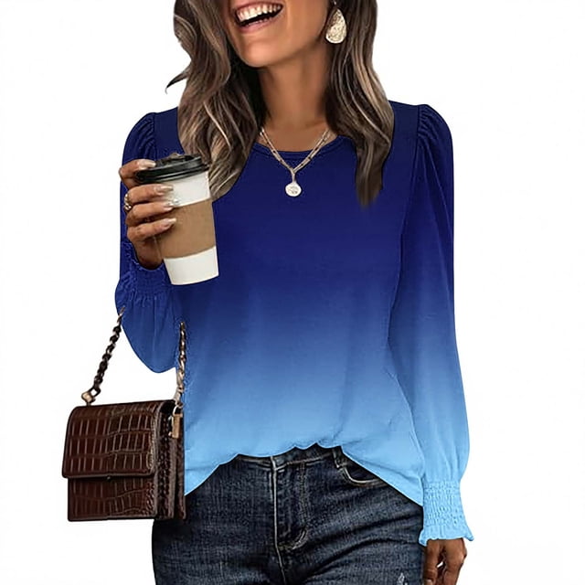 VgaVtl Womens T Shirt Fall Winter Long Sleeve Ladies Tops Ruffles Loose Layering Gradient Color Blue Leisure Shirts,S