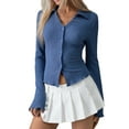 thumbnail image 3 of Blusa Informal de Larga Acampanada con Botones y Cuello Lechuga para Mujer. Blusa de Trabajo. Azul Pavo Real S, 3 of 10
