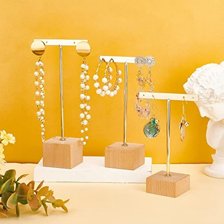 3 Pcs Gold Metal T Bar Earring Display Stand with Wooden Square Base 4  Holes Jewelry Holders Hanging Earring Organizer for Store Retail  Photography Props（4.7 & 5.5 &6.3 inch Height） 