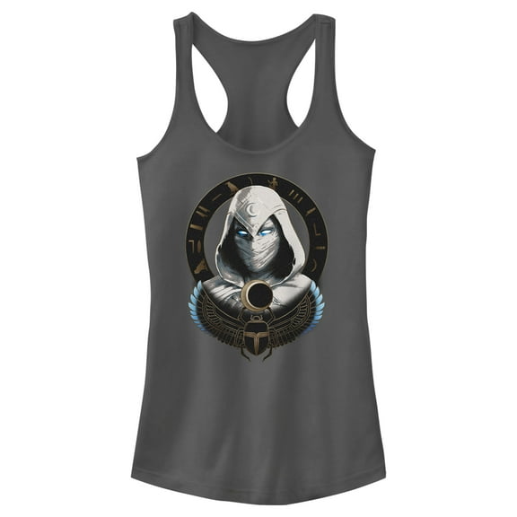 Junior's Marvel: Moon Knight Winged Scarab Frame  Racerback Tank Top Charcoal Small