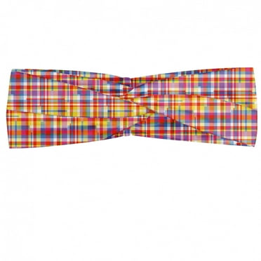Colorful Headband, Funky Striped Patterns Gingham Style Abstract Vintage Art Checkered Plaid Design, Elastic and Soft Women's Bandana for Sports and Everyday Use, Grey Red Coconut, by Ambesonne