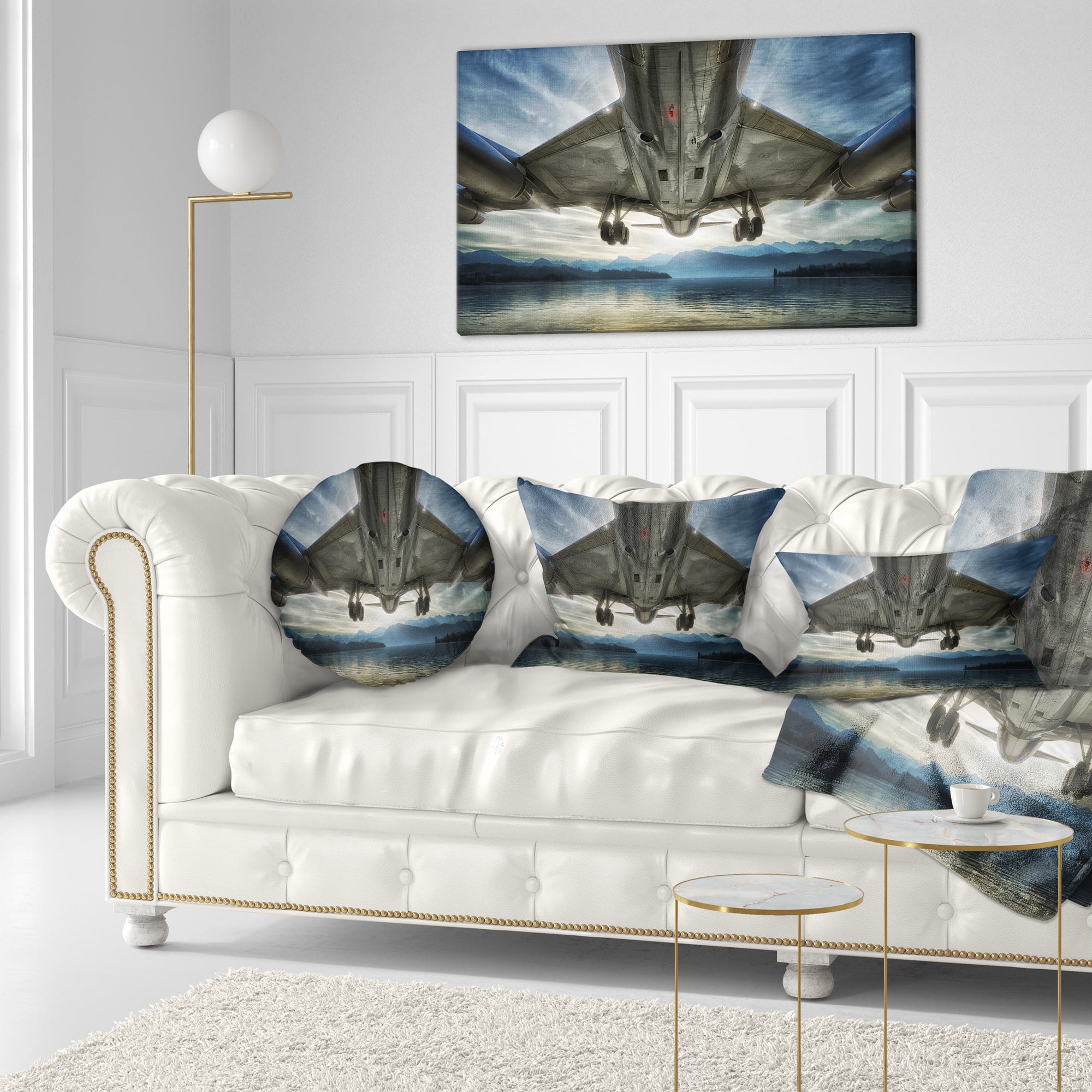 Designart Plane Over Beach and Sea - Seashore Photography Throw Pillow - 12x20