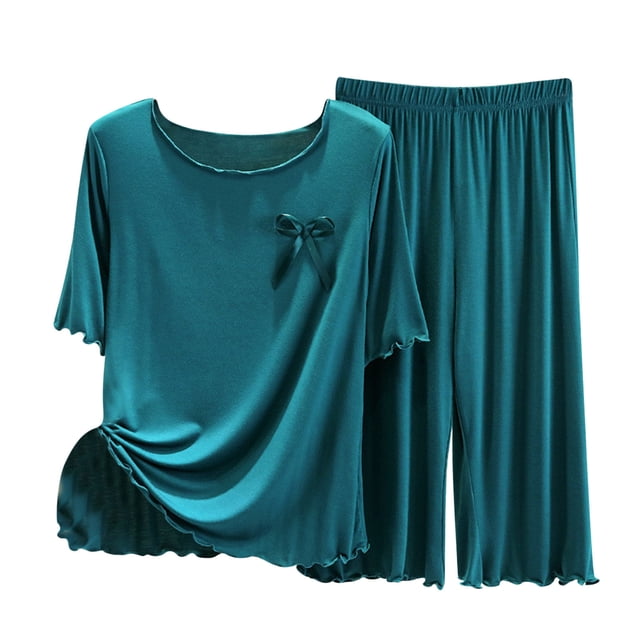 Ohufall Womens Pajama Sets Ruffle Pleated T Shirts with Elastic Waist Pants Sets Solid Color Loose Fit Home Wear Pj Sets For Woman