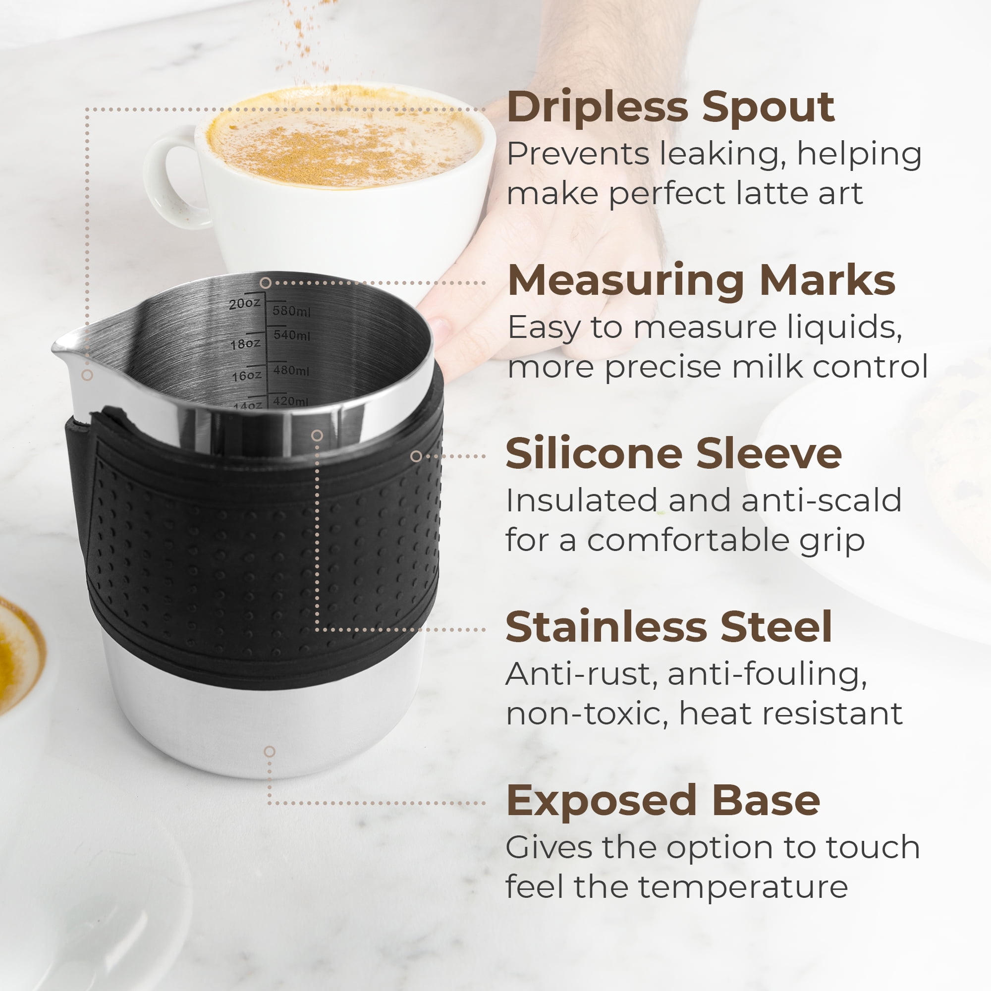 Milk Frothing Pitcher 20oz, Stainless Steel with Anti-Burn Silicone Sleeve, Dripless Spout, Kaffe