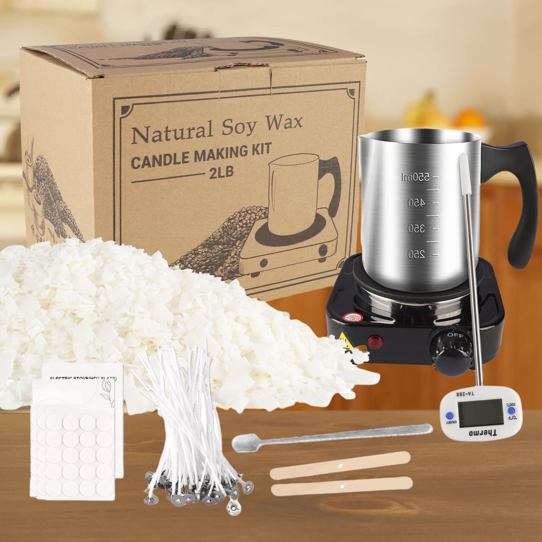 Adult DIY handicraft set, natural candles for candle making, candle making set, including 2-pound soy wax sheets, electric stove, candle wick, furnace