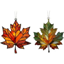 Minibee Maple Leaf Fall Stained Glass Window Hanging, 3.1" Fall Suncatcher Hanging Wall Art for Home Thanksgiving Decor 2PCS