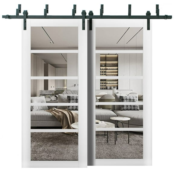 Sliding Closet Barn Bypass Doors | Quadro 4522 White Silk with Clear Glass | Sturdy 6.6ft Rails Hardware Set | Wood Solid Bedroom Wardrobe Doors -36" x 96" (2* 18x96)-Clear Glass