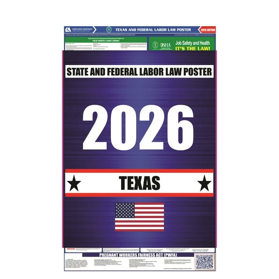 Texas (TX) 2026 State Labor Law Poster - State, Federal and OSHA Compliant Laminated Poster - Perfect for the Workplace Posting - Clear and Easy-to-Read Format - 20 Inch by 36 Inch - English