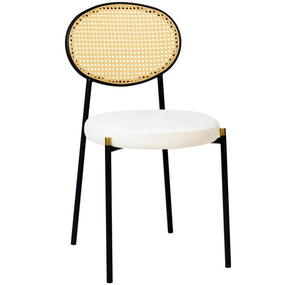 LeisureMod Euston Modern Wicker Dining Chair Velvet Seat Kitchen Side Chair with Powder Coated Steel Frame Beige