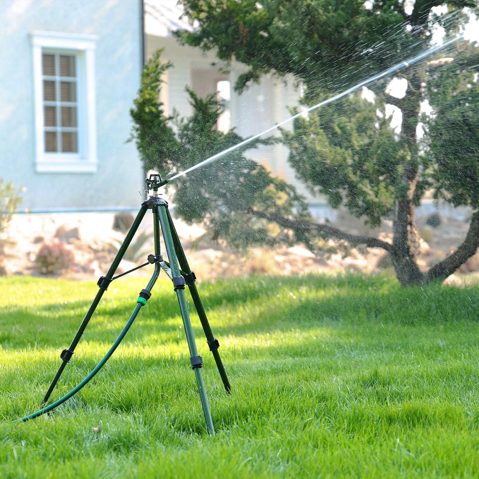 Restmo Heavy Duty Impact Sprinkler on Tripod Base, 6200 sq.ft. Coverage, 360° Rotating, 3-Height Adjustable Full Metal Sprinkler for Large Yard, Lawn and Farm Irrigation