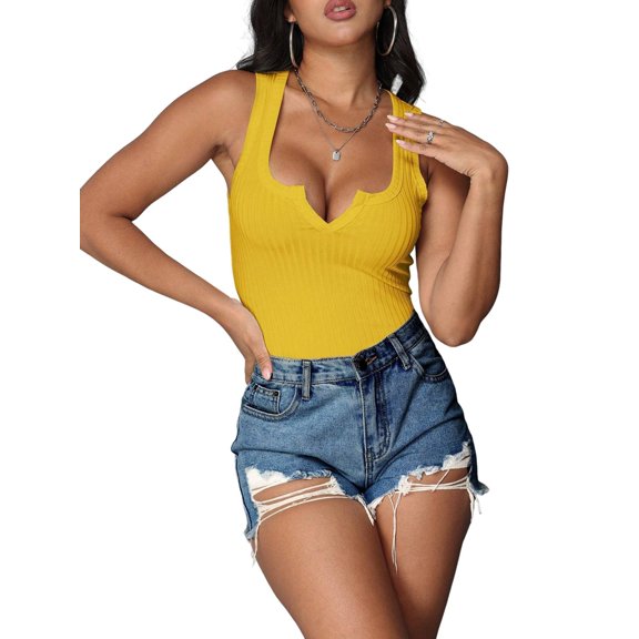 Women'S Summer Sleeveless Tops Ribbed Knit Notched V Neck Fitted Tank Shirts Yellow S