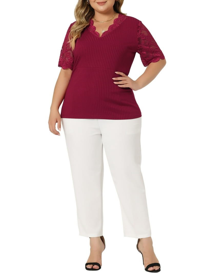 Unique Bargains Women's Plus Size V Neck Lace Knit Tunic Blouse 2X