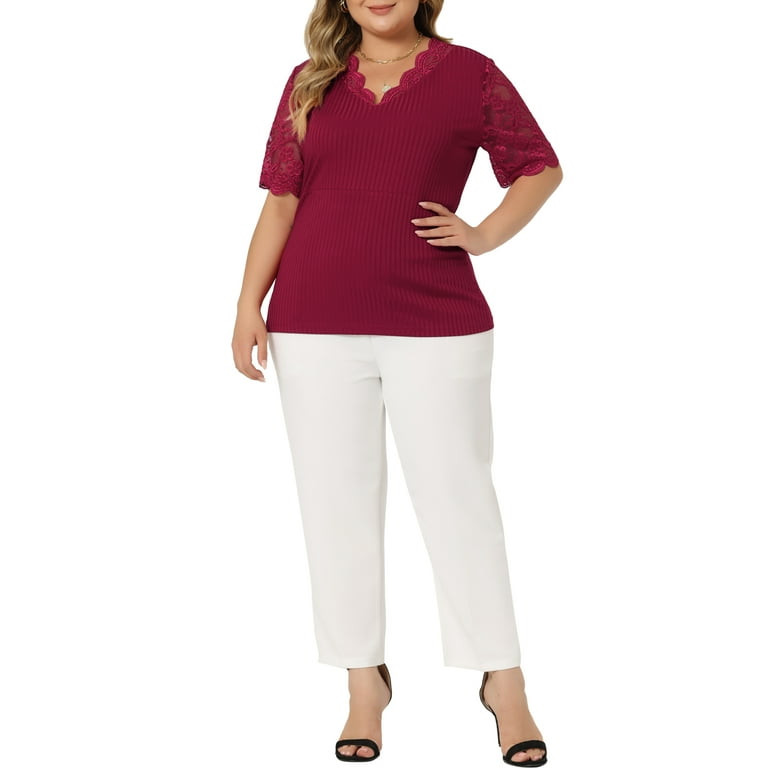 Unique Bargains Women's Plus Size Tops V Neck Elegant Lace