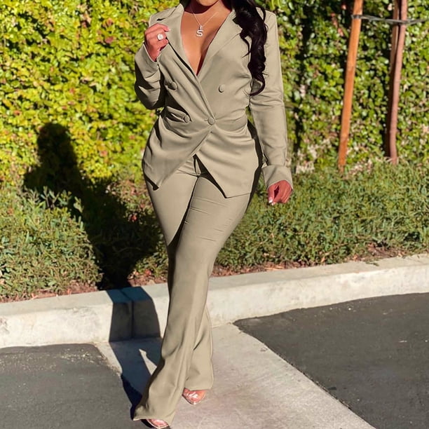 ICHUANYI Clearance Women's Long Sleeve Color Suit Pants Casual Elegant Business Suit Sets(Khaki, S) ICHUANYI WER2023081404068