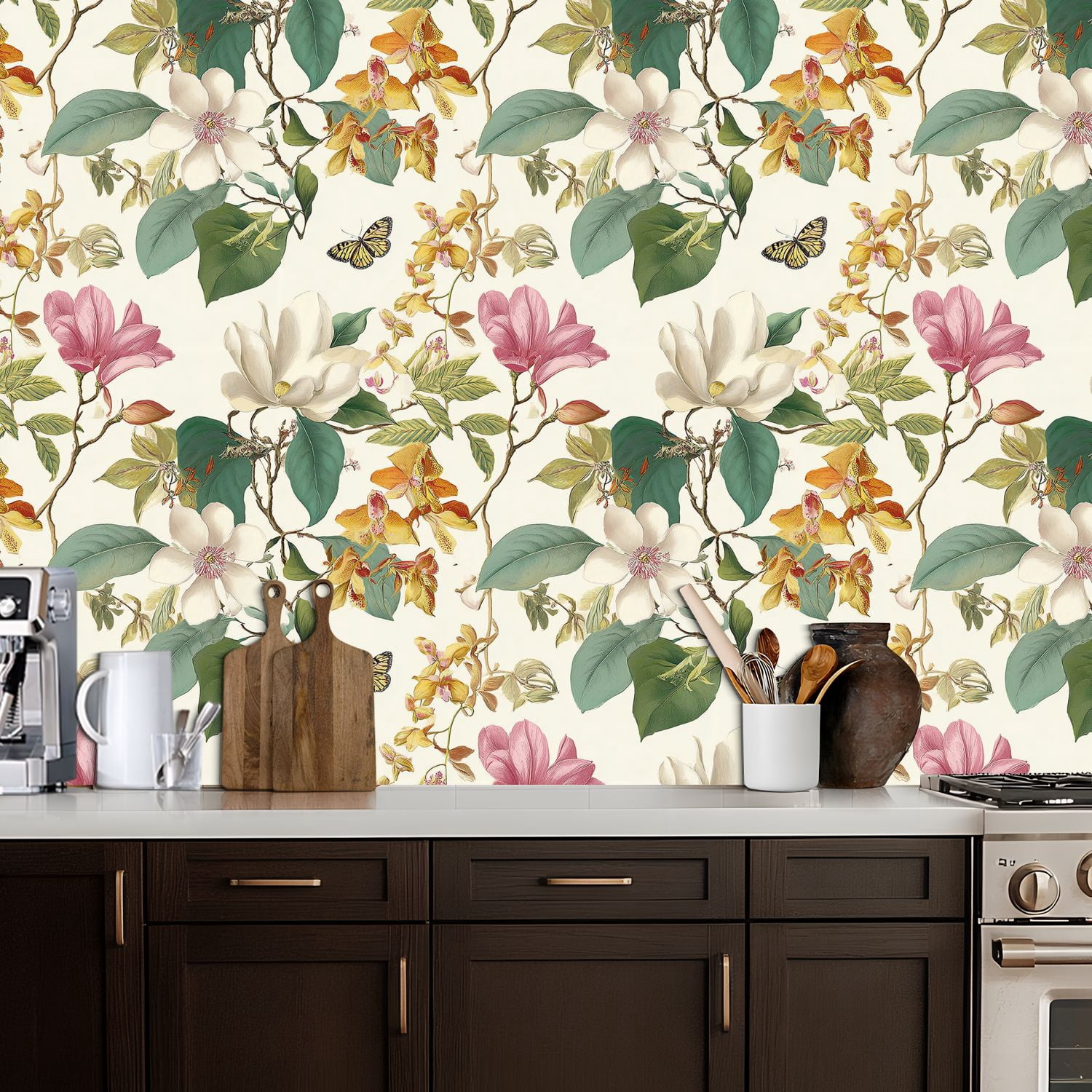 Boho Peel and Stick Wallpaper Vintage Floral Orchids Magnolias Butterflies Wall Mural 17.7in x 9.8ft Self Adhesive Removable Wall Paper Renter Friendly Wallpaper for Nursery Bedroom Cabinets