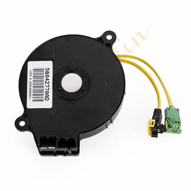 Spiral cable clock spring suitable for Jeep Grand Cherokee 2002-2004, part number 56042770AF. The black plastic component features a circular design with a central opening, visible connectors, and attached yellow and green wiring. Designed as a direct replacement for seamless installation, it is corrosion-resistant and durable for long-term use.