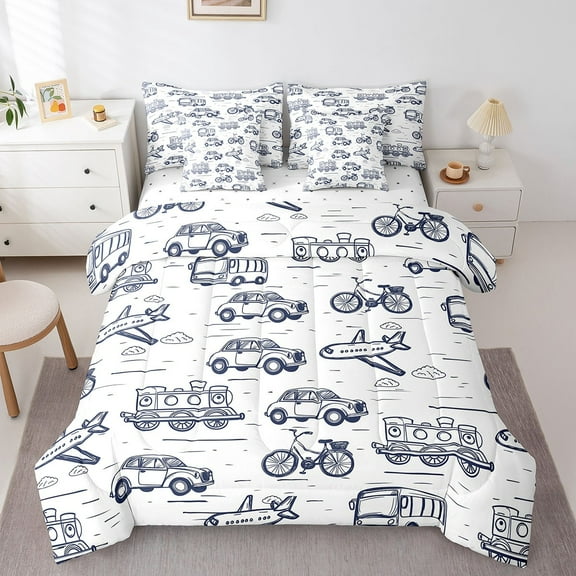Erosebridal Cartoon Vehicle Bedding Sets Twin Size, Cute Car Comforter Sets with Sheets, Bus Airplane Reversible Bed Set, Breathable Room Decorative, 7-Piece