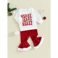 thumbnail image 3 of Suealasg 2Pcs Kids Girls Christmas Outfit Toddler Girls Long Sleeve Letter Print Sweatshirt + Velvet Flared Pants Sets 6M 1T 2T 3T Christmas-themed Clothing for Baby Girls, 3 of 9