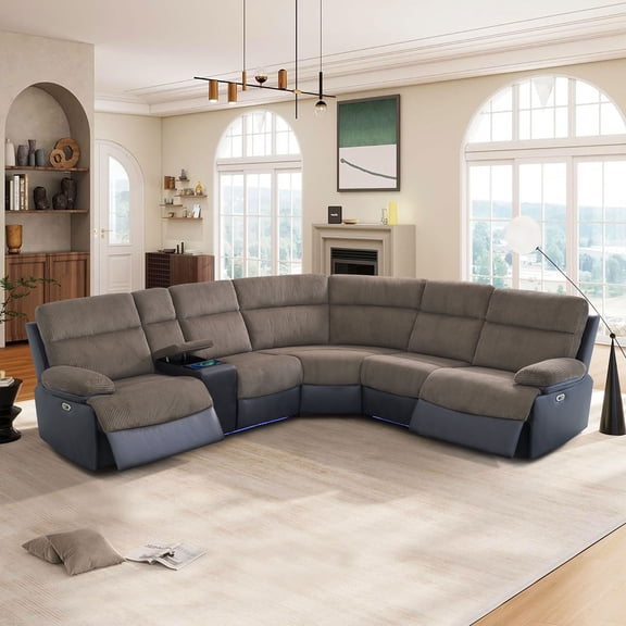 MAYEERTY 5-Seater Recliner Sofa Set, Intelligent Reclining Couch with Wireless Charging, USB Ports, LED Lights, for Living Room, Home Theater