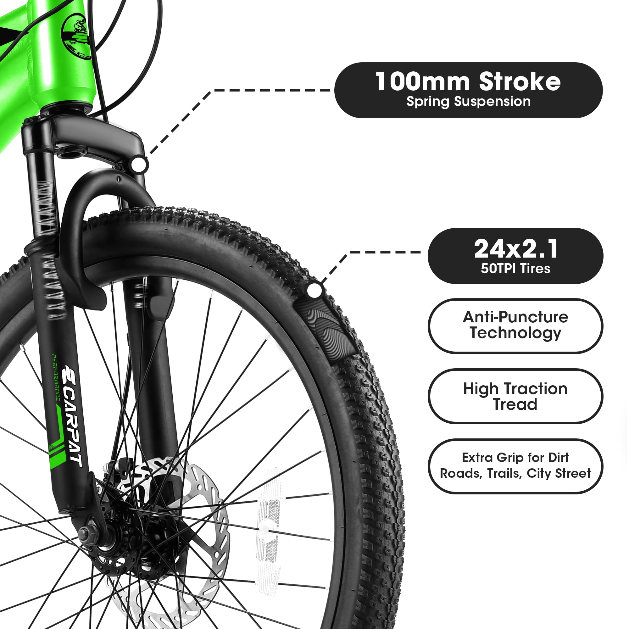 POVANLI  24 Inch Mountain Bike Dual Full Suspension, Aluminium Frame for Men Women, Go to Work with 21-Speed Disc Trail Commuter City Beach, Ages 15+, Gift(Green)