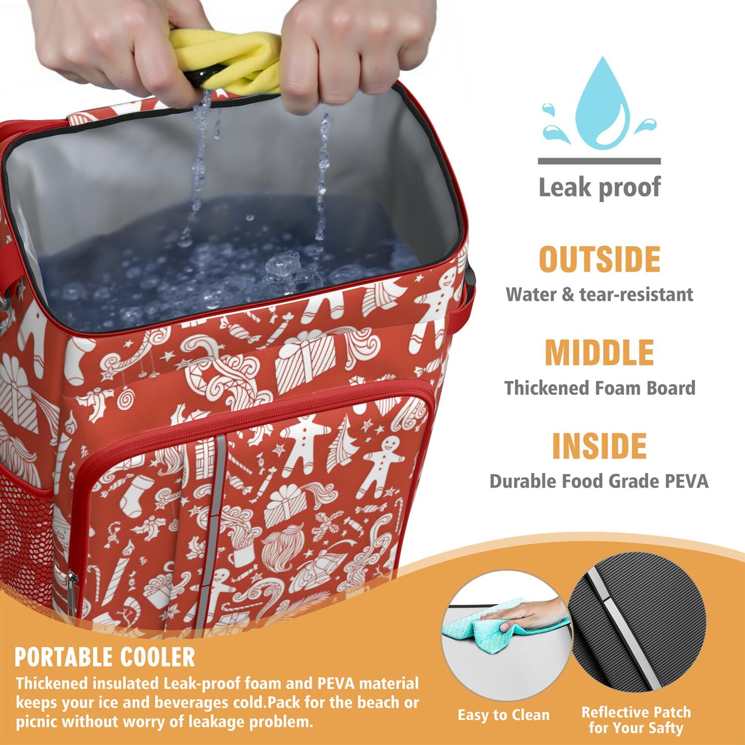 Travel Cooler Bag - Red Christmas Pattern Camping Beer Cooler Backpack with Bottle Opener- Waterproof Insulated Picnic Backpacks - Cooler Bag for Beach